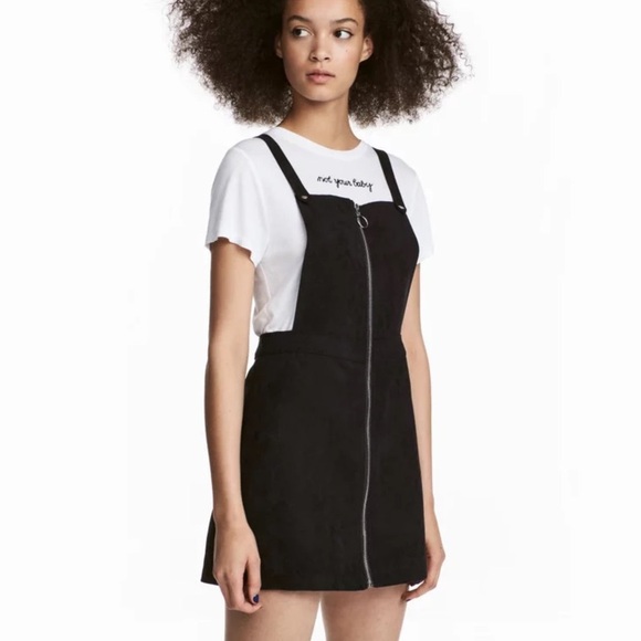 H&M Faux Suede Zip Up Jumper Pinafore Overall Mini Dress Black (4) - Picture 1 of 4